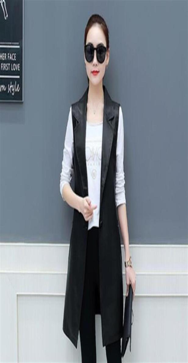 Spring Faux Leather Blazer Vest Womens Long Slim Fit Waistcoat Ps Size 3XL PU Sleeveless Jacket Suit Vest Woman Vintage DV512299i2924053