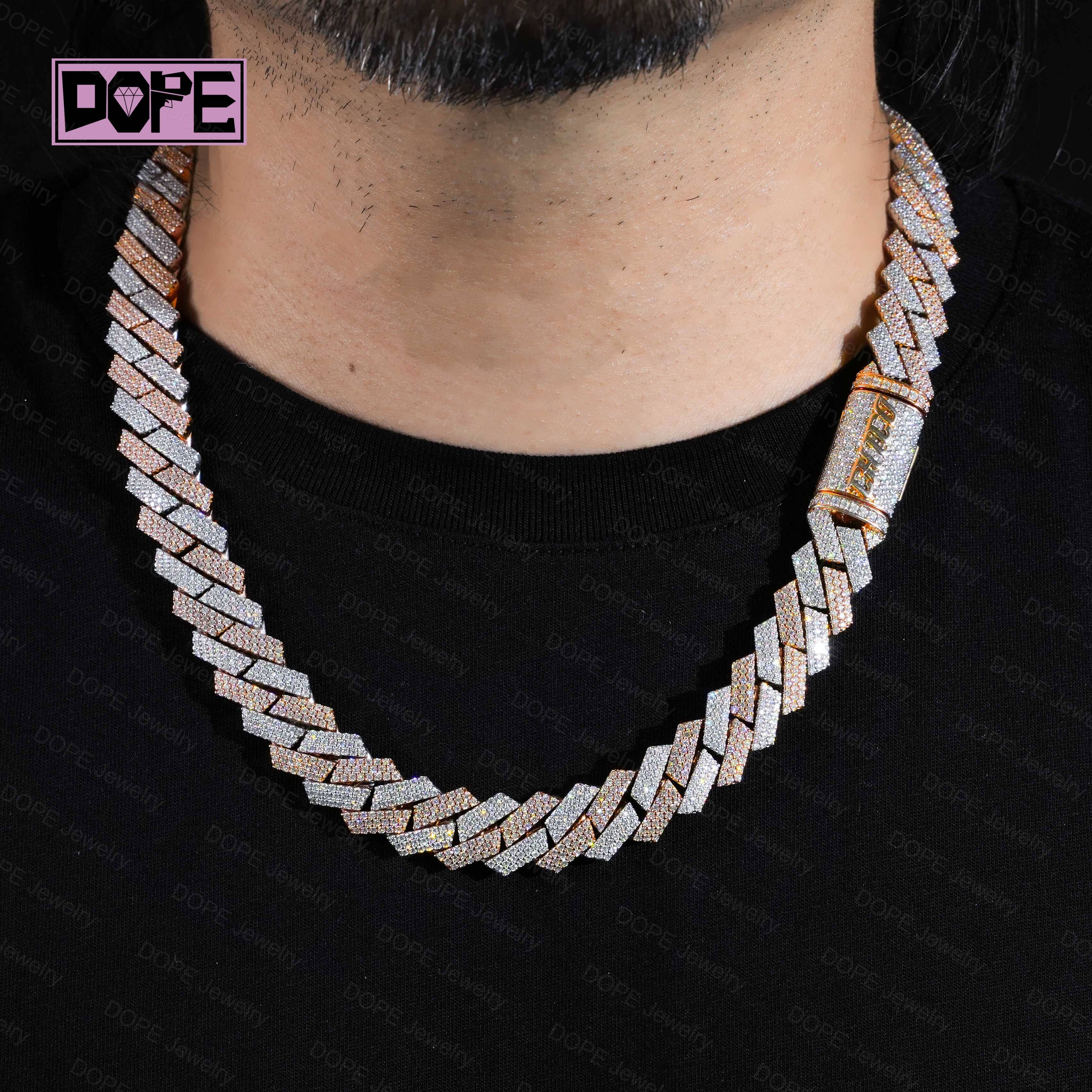16mm Moissanite Chain Iced Out 925 Silver Rose Gold Two Tone Hip Hop GRA Certificate Moissanite Cuban Link Chain