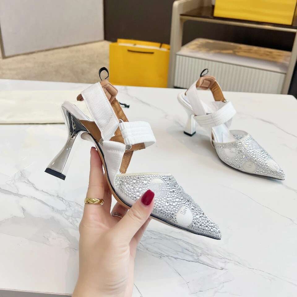 Women Size35-42 Genuine Leather Crystal Pumps Super High Heels Mesh Sandals Pointed Toe Designer Shoes atillas De Mujer