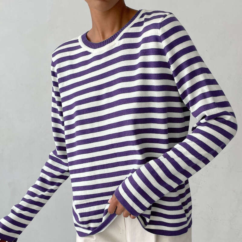 hoodie Women's Wear Round Neck Knitted Spring , Versatile Classic Striped Pullover Sweater For Women jacket