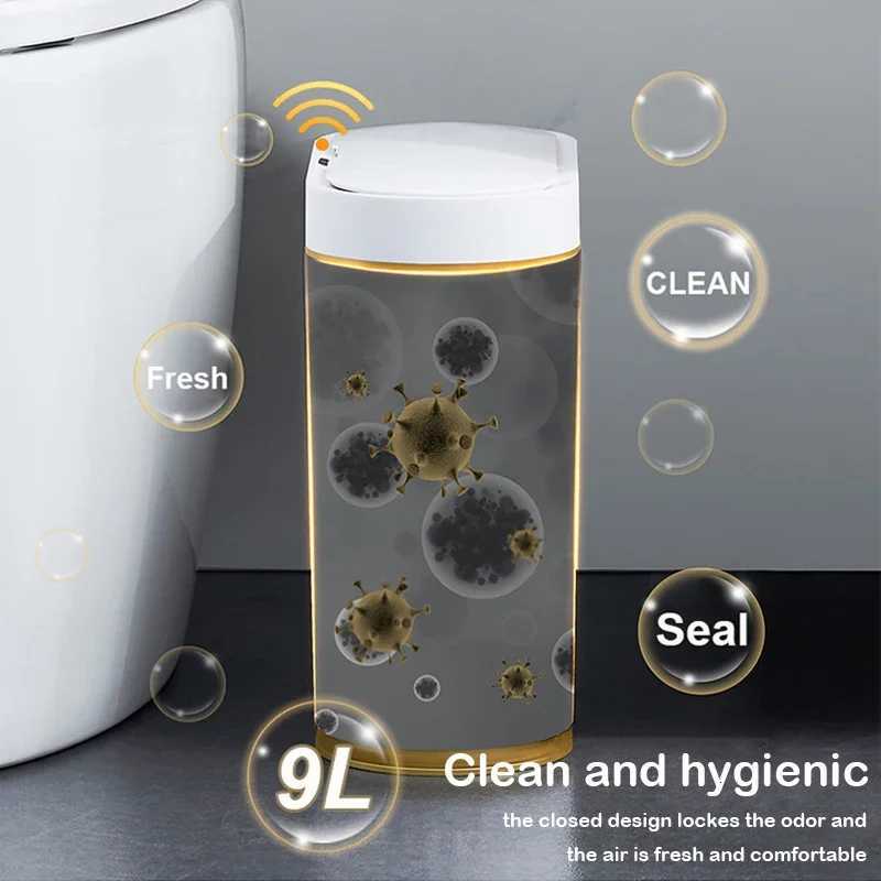 Automatic Sensor Trash Can 7L 9L Luxury Bathroom Trash Can 15L Kitchen Electric Garbage Bin Toilet Wastebasket Golden Trash Can C251120