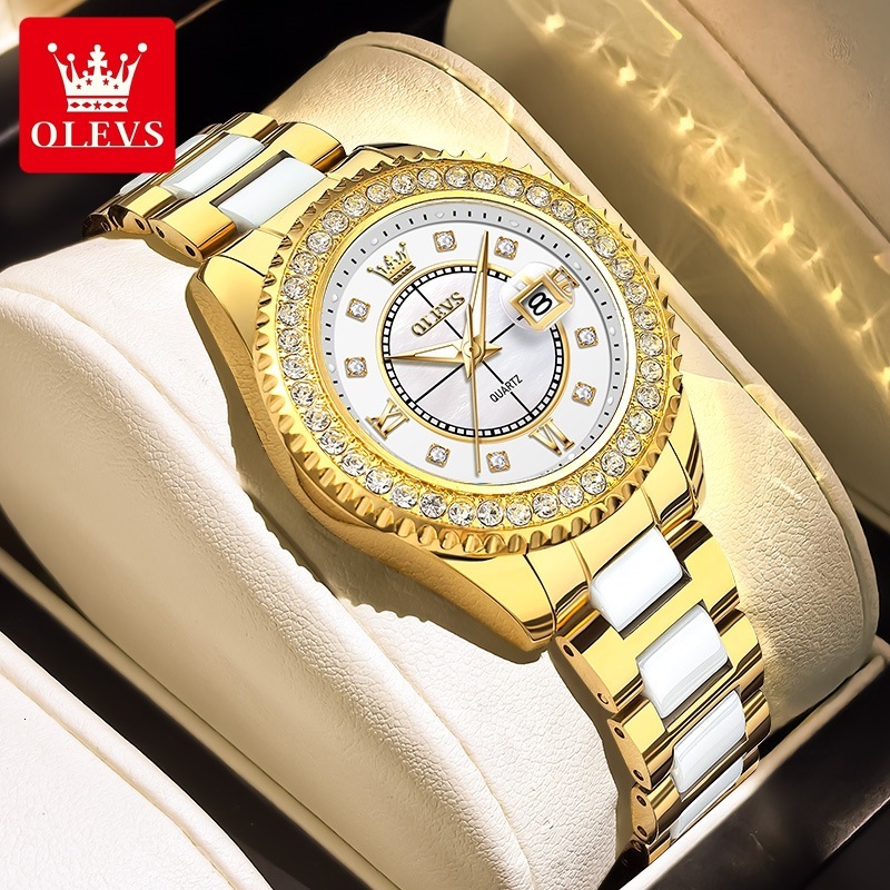 OLEVS Designer Men's Outdoor Diamond-encrusted Ceramic Strap Waterproof Quartz Watches Women's Watches Luxury Watches Free Delivery And Whol