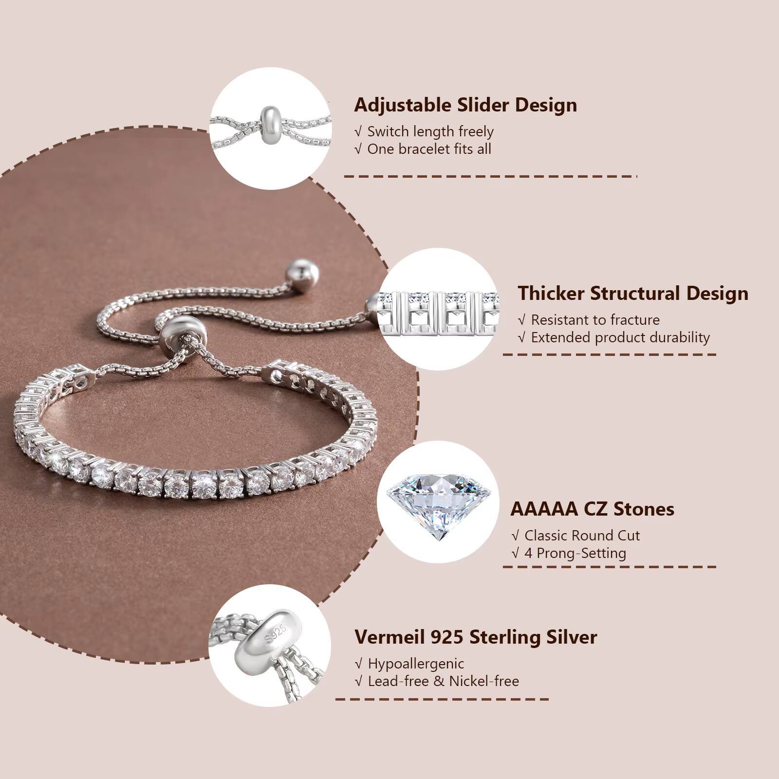 Sparkly 925 Sterling Silver Classic Tennis Bolo Bracelet 14K Gold Plated 2/3/4mm Adjustable Cubic Zirconia CZ Women Jewelry Gift