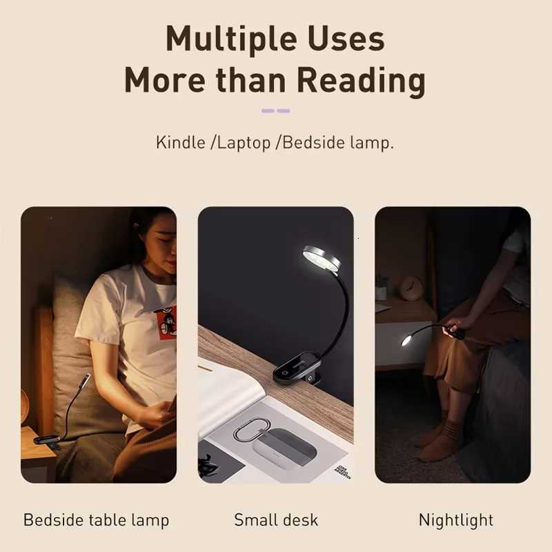 Baseus Portable Desk Lamp LED Mini Clip USB Rechargeable Table Lamp Stepless Dimming for Laptop Reading Bedside Soft Night Light M251120