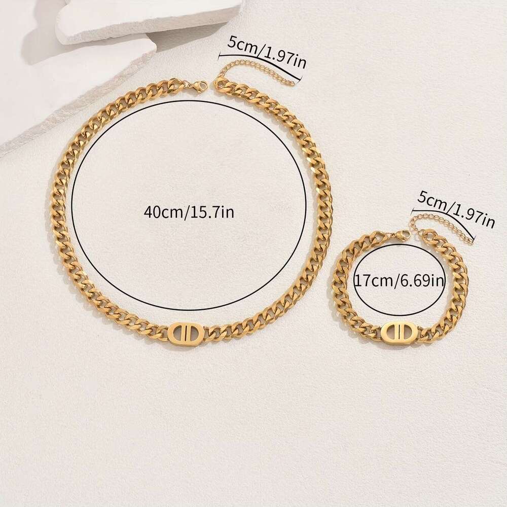 Style Women's Light Luxury Cuban Necklace Bracelet Set Niche Geometric Hip-hop Design Long Clavicle Chain Jewelry