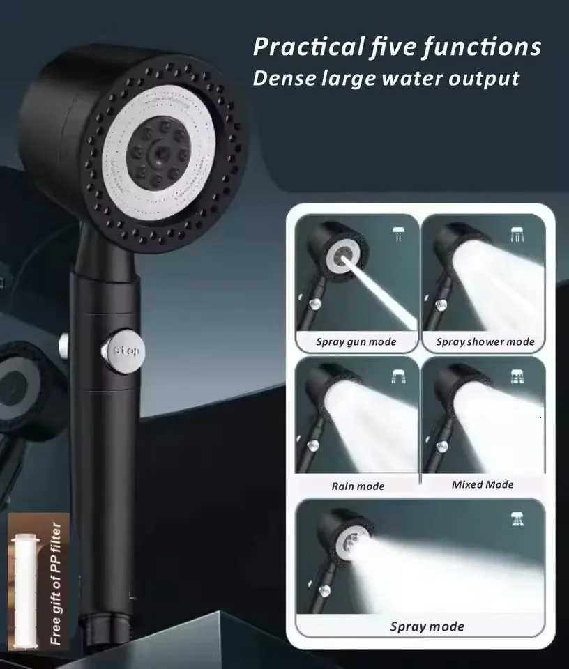New 5 Mode Pressurized Shower Head With Filter Stop Button Water Saving Spray Nozzles Big Boost Showerhead Bathroom AccessoriesM251120