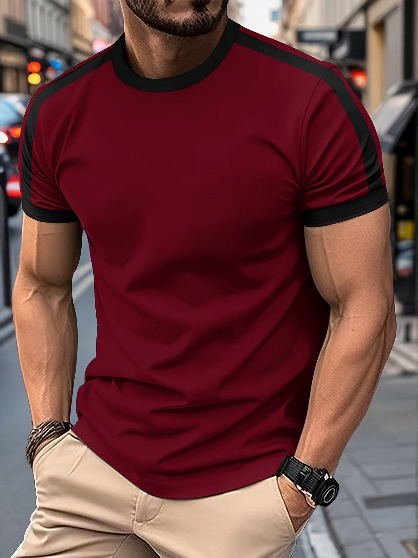 New Summer Elastic Casual Short-Sleeved Men's Daily Party Home Social Color matching T-Shirt Solid Color Vintage Streetwear Top R250420