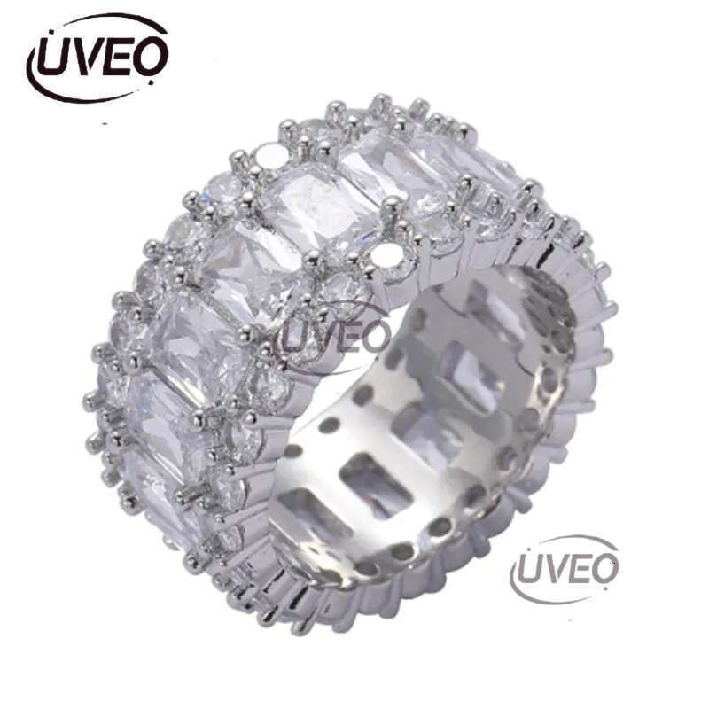 Hip Hop CZ Cubic Zircon Geometric Finger Ring Band Iced Out White Gold Bg Baguette Dia Rings for Women Men Boyfriend Valentine Birthday Jewelry Gifts