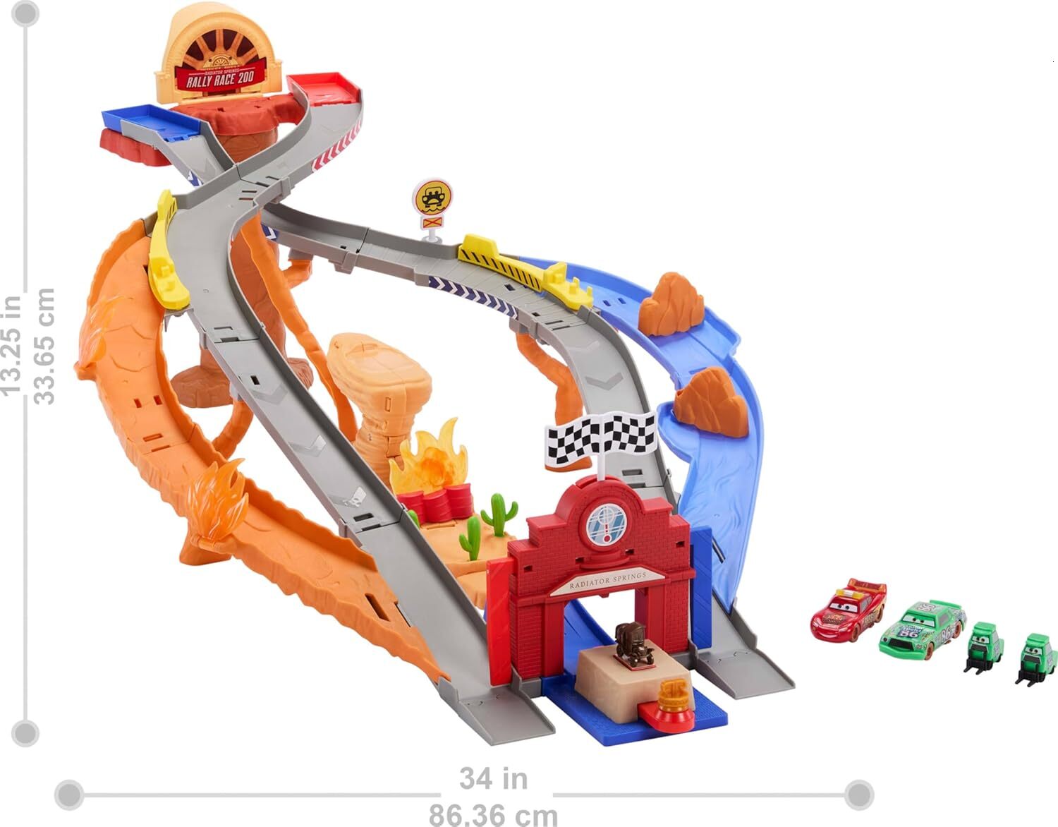 custom Mattel Disney and Pixar Cars Toy Playset, Lightning McQueen Chicks Hicks Pitty Crew Vehicles, 2 Ways to Race, Race & Rescue Road Raceway