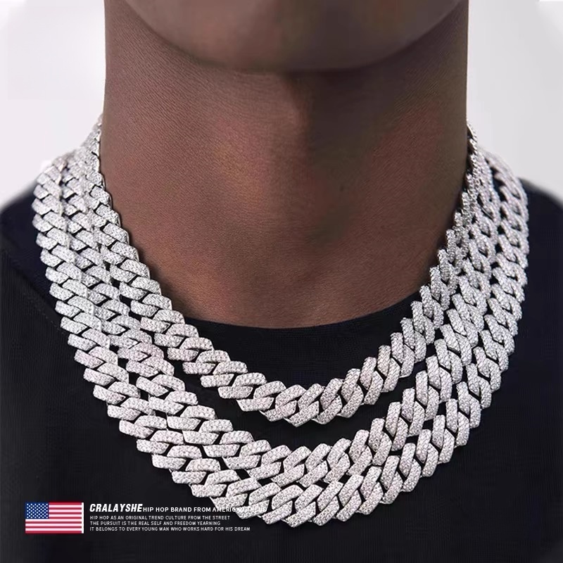 20MM Width Soild 925 Silver Iced Out Moissanite Cuban Chain Necklace for Men's necklace