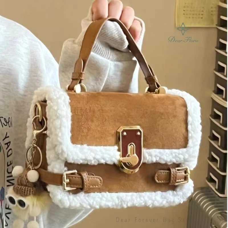 Wens Fi Lamb Wool Shoder Bags Autumn Winter New Handbag Cute Pahwork Purse Messenger Bag Casual Crossbody Bags Y251120