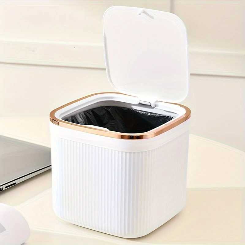 Square Press Type Mini Trash Can Quiet Close Elegant Ribbed Design with Golden Accents Plastic Desktop Bin Bathroom Home Use C251120