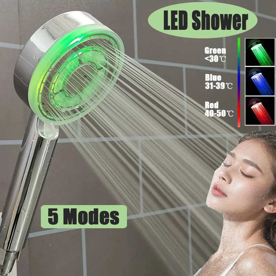 Temperature Control Colorful Shower Head 5 Modes Adjustable LED Spray Nozzle 3/7 Color Change High Pressure Large Flow ShowerM251120