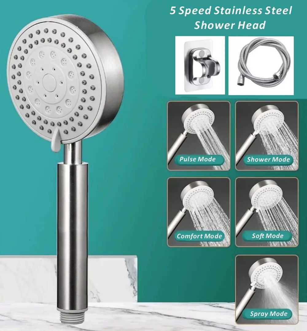 New 5 Speed SUS 304 Stainless Steel Pressurized Large Flow Shower Head Water Saving Rainfall Spray Nozzle Bathroom AccessoriesM251120