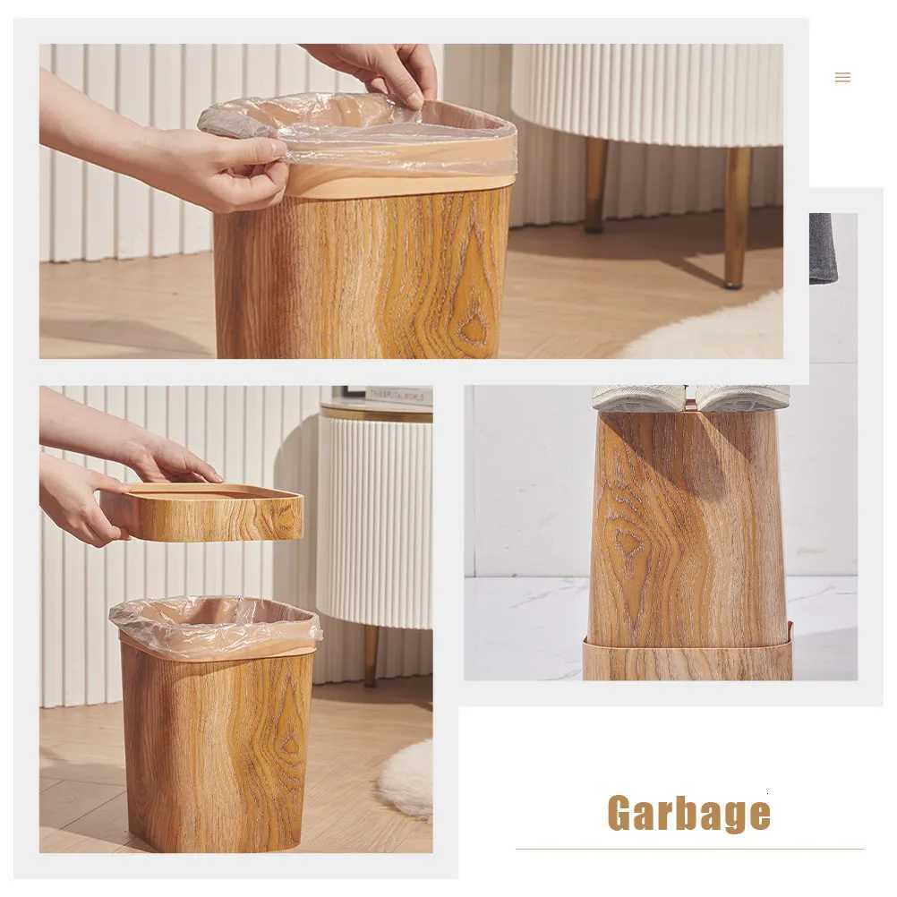 Wood Grain Pattern Plastic Trash Can Large Capacity Garbage Bin For Bedroom Living Room Office Simple Design Household Waste C251120