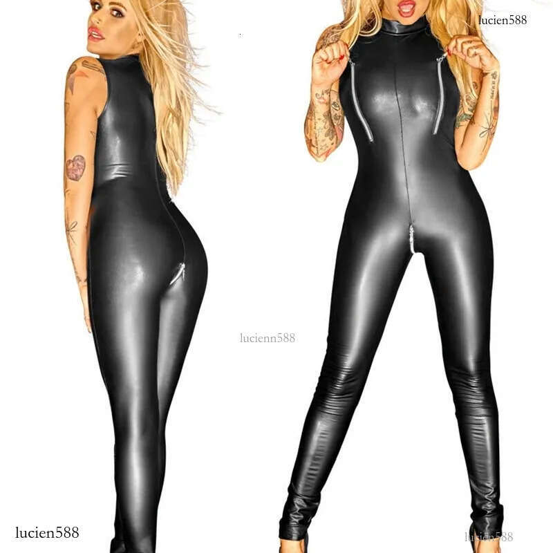 Plus Size Women Sexy Lingerie Faux Leather Night Club Jumpsuit Bodysuit Adult Latex PVC Catsuit Zipper open crotch Erotic wear MX200402