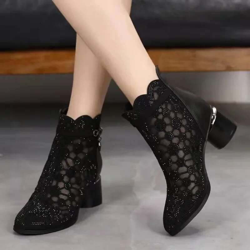 Women's Airy Mesh Breathable with Western Denim Mid Sleeves Square Toe Thick Heel Versatile Short Boots
