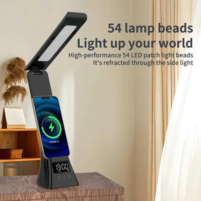 Multifunction LED Desk Lamp with Wireless Charger Digital Clock Al USB 3 Colors Dimmable Study Light for Office Bedroom M251120