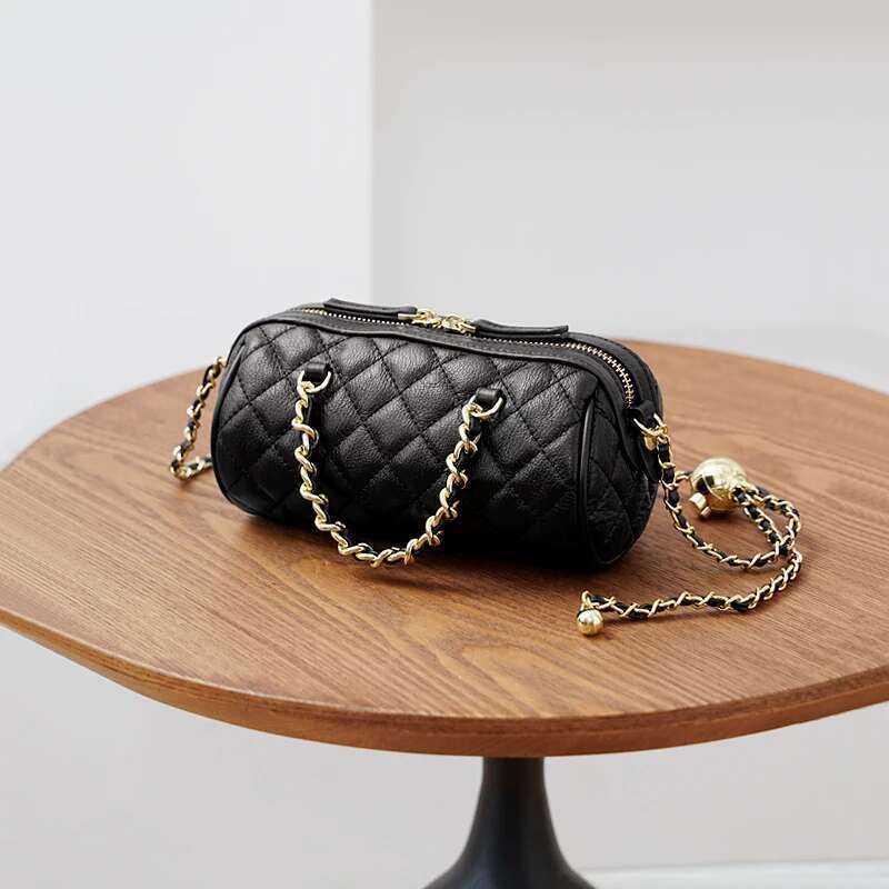 WOONAM Women Fashion Handbag Genuine Calf Leather Quilited Stich Check Barrel Chain Shoulder Crossbody Bag