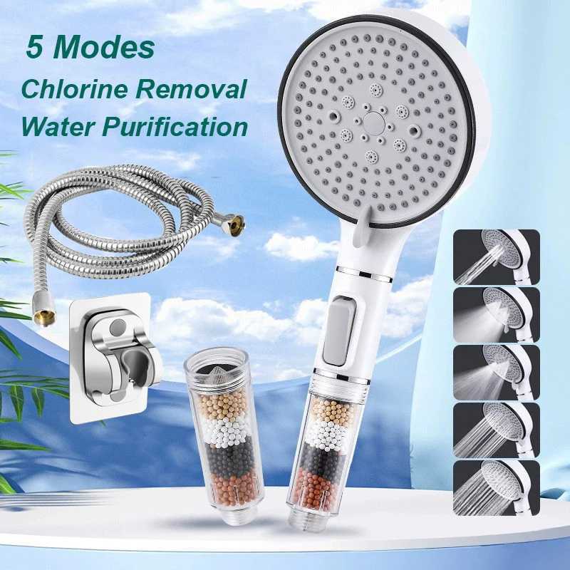 Bathroom Shower Head with Stop Button 5 Mode Anti Limestone Filter Hygienic Remove Chlorine Handheld Head Filtration Shower HeadM251120