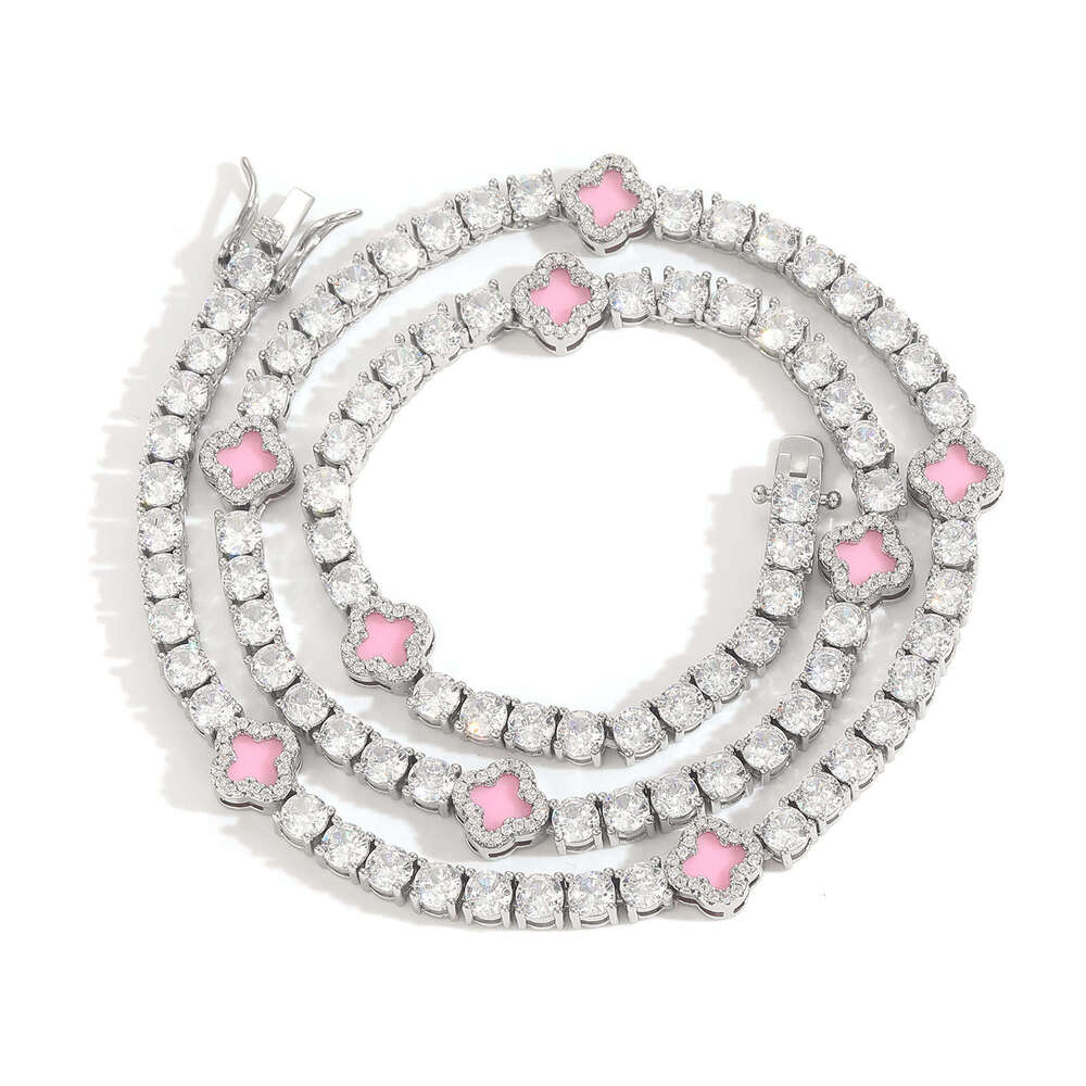 Luxury hip hop four-leaf clover set Ice out VVS Moissanite tennis necklace bracelet, men and women's collarbone chain Free delivery