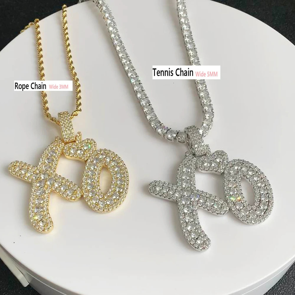 Iced Out Bling Letter XO Pendant Necklace Gold Silver Tennis Chain Zircon Heart Charm Mens Hip Hop Jewelry 250420