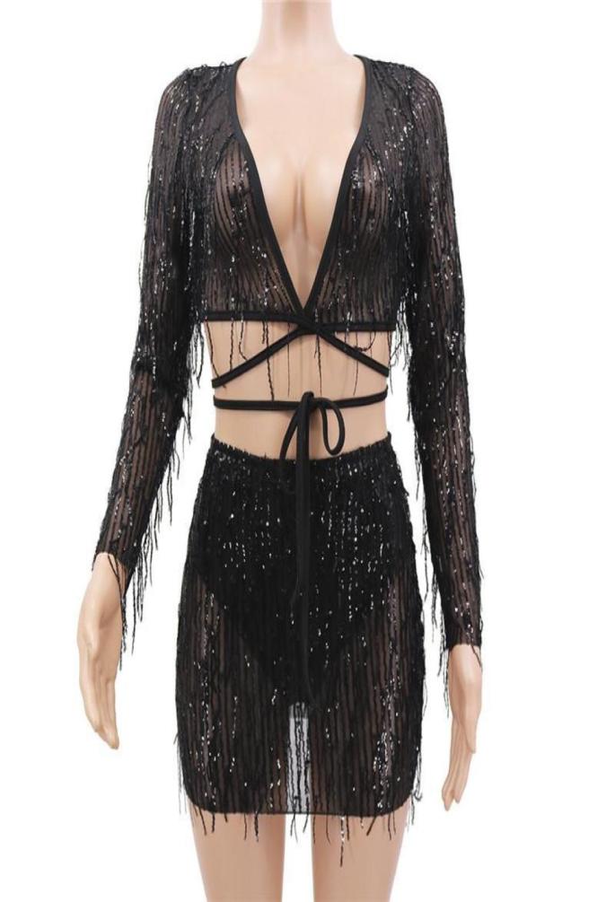Two Piece Dress Black Mesh Sheer V Neck Sets Sexy Sequin Mini Tassel Outfits Ribbons Party Night Club Dresses7138862