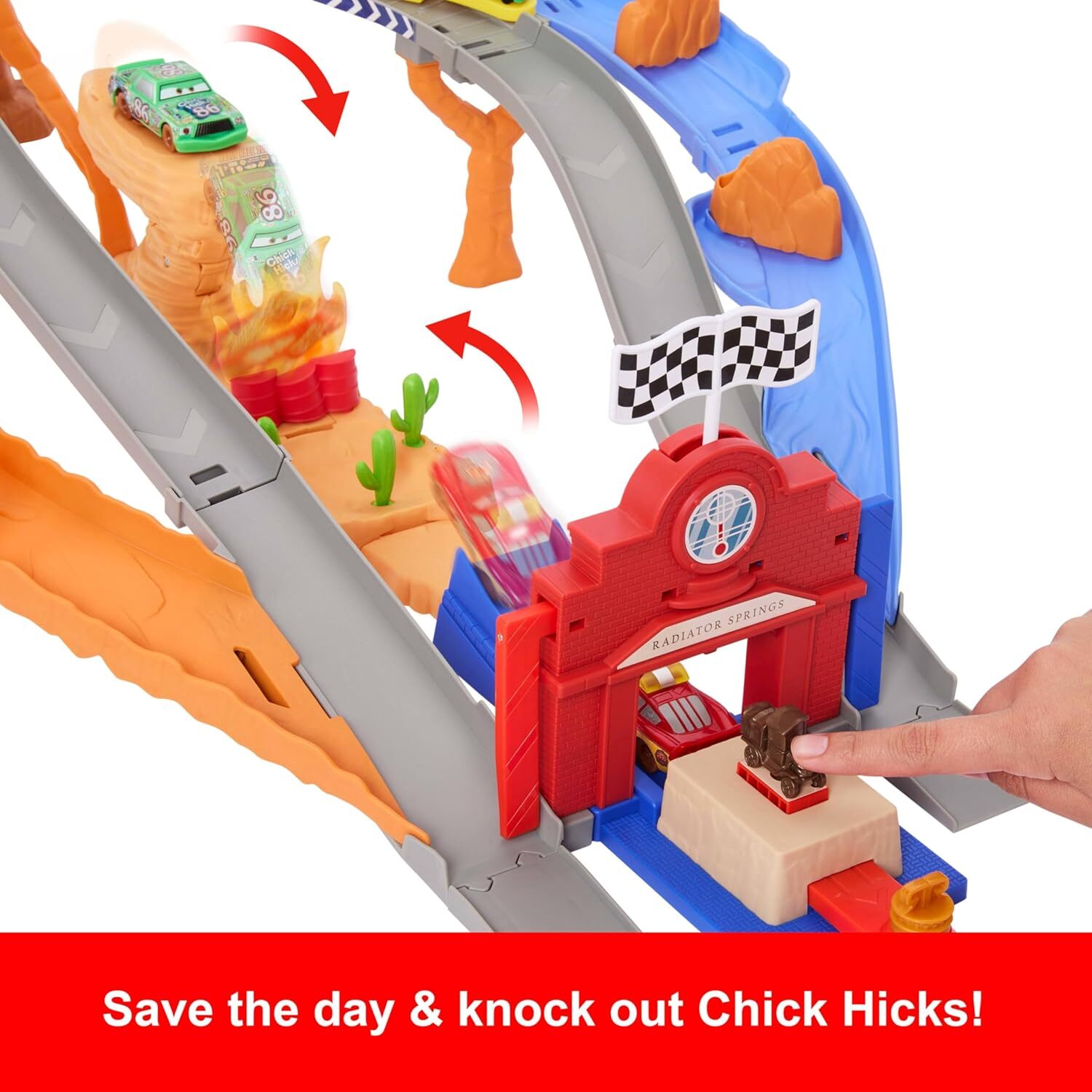 custom Mattel Disney and Pixar Cars Toy Playset, Lightning McQueen Chicks Hicks Pitty Crew Vehicles, 2 Ways to Race, Race & Rescue Road Raceway