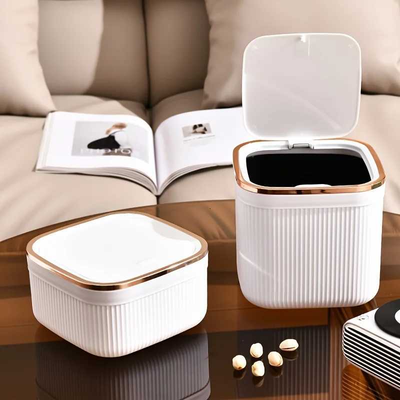 Square Press Type Mini Trash Can Quiet Close Elegant Ribbed Design with Golden Accents Plastic Desktop Bin Bathroom Home Use C251120