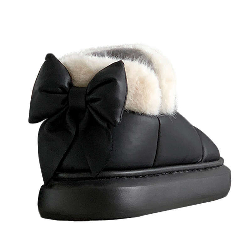 Bowknot Slippers for Women Winter Heel Cover Fleece Lined Cotton Shoes 2023 New Ins Style Girl's Warm Thick Sole Outdoor Wear