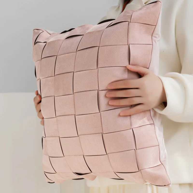 Pillow Case Luxury Suede Cover 18x18 Handmade Basketweave Brown Geometric Plaid Cushion Cover Soft Ins Modern Farmhouse Home Decor C251120