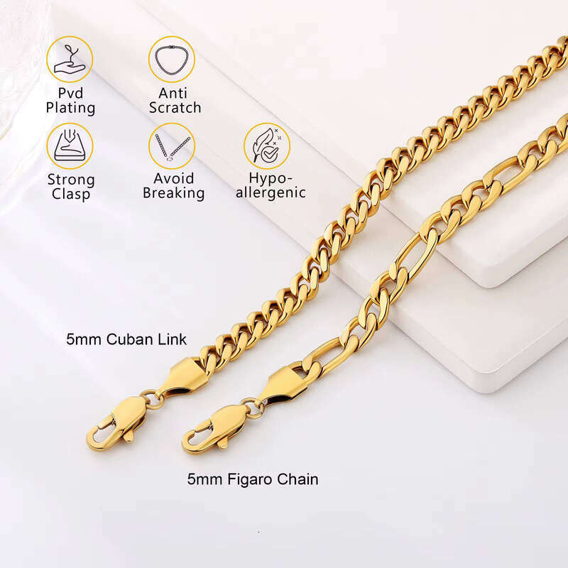 3mm 5mm Gold-Plated Rope Women, 316L sterling silver Chain for Men, Sturdy Cuban Chain, Figaro Bracelet