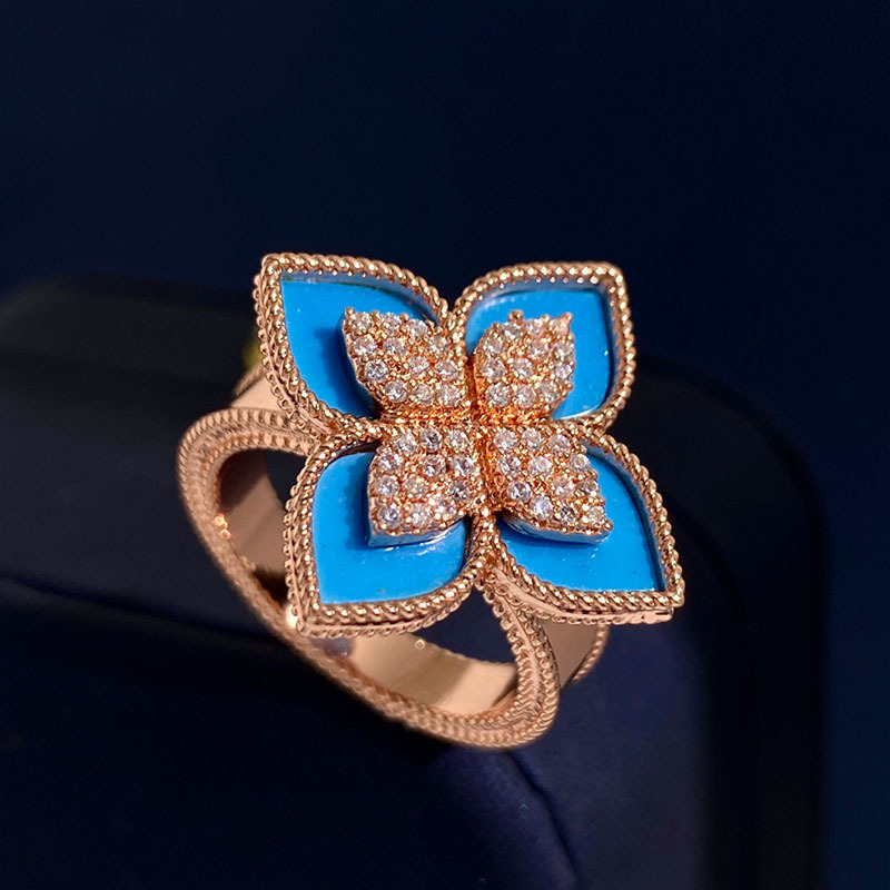 Luxury Brand Designer Jewelry Live New RC Diamond-Shaped Four-Petal Flower Ring European And American Court Style Inlaid Diamond Four-Leaf Flower Blue Turquoise