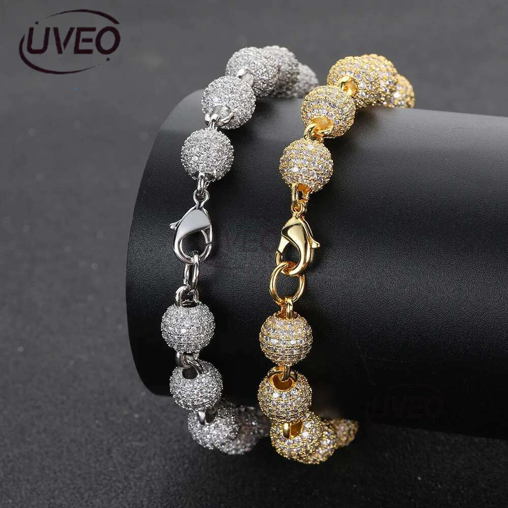 Luxury designer 8mm Hip Hop Ice Out VVS Moissanite Round bead ball Chain bracelet Gold Plated Sterling Silver Men's and Women's Jewelry Free