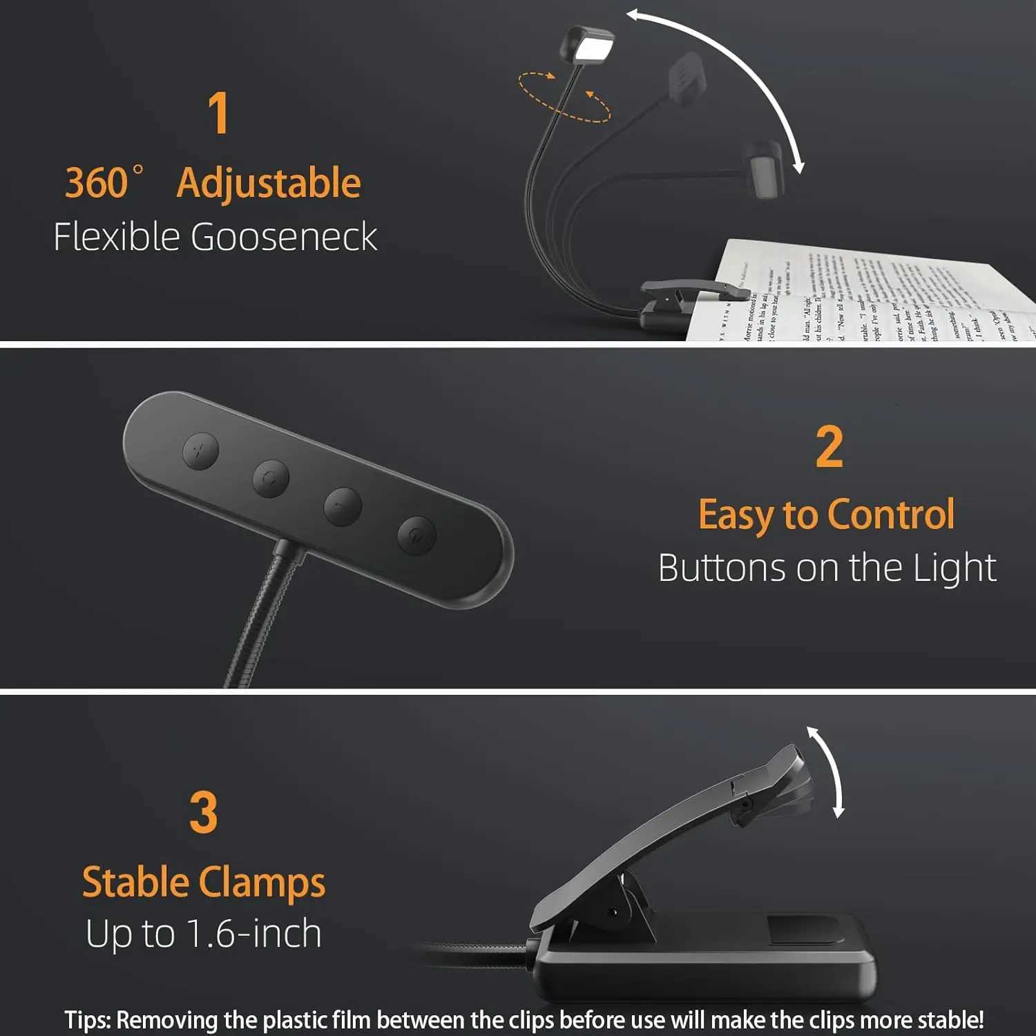 Eye Caring Clip-on Reading Book Light 3 Colors 10 Brightness USB Rechargeable Flexible Easy Clip For Piano Lamp Sheet Music Read M251120