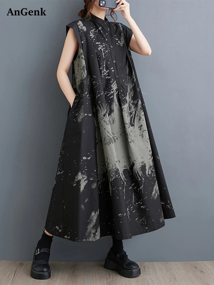 Summer Black Retro Printed Sleeveless Womens Stand Collar Loose Casual Long Skirt Fashionable and Elegant Clothing 250420