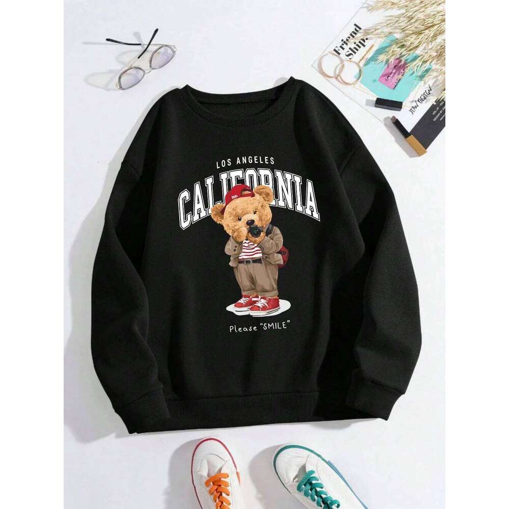 Fashion Women's Pullover Travel Photographer Bear Print Hoodie Breathable Loose Crew Neck Warm Sweatshirt Winter Clothing Y2k