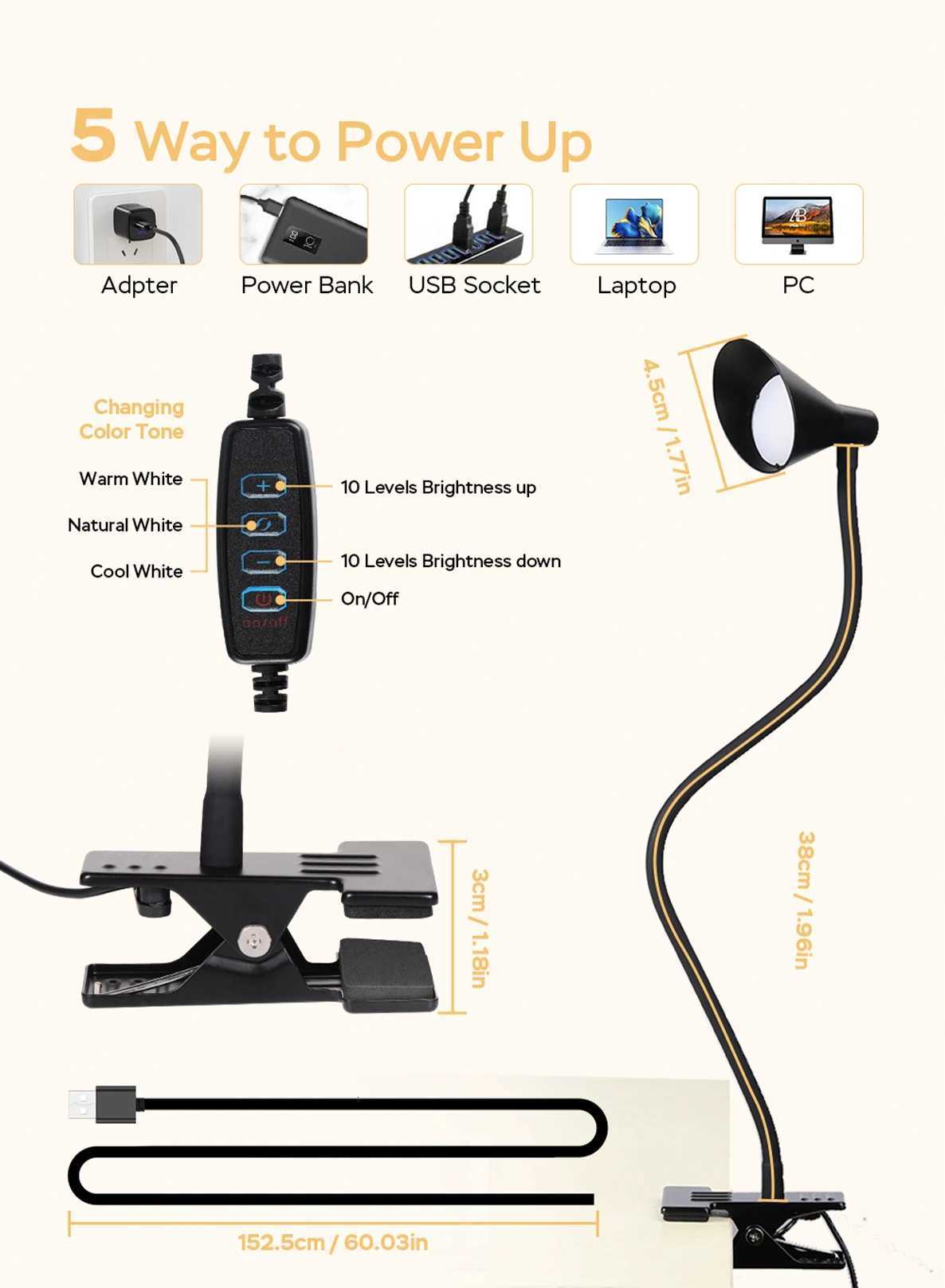 Reading Light USB Clamp Lamp for ChildReading Book in Bed at Night LED Small DeskLamp with Adjustable Gooseneck Clip M251120