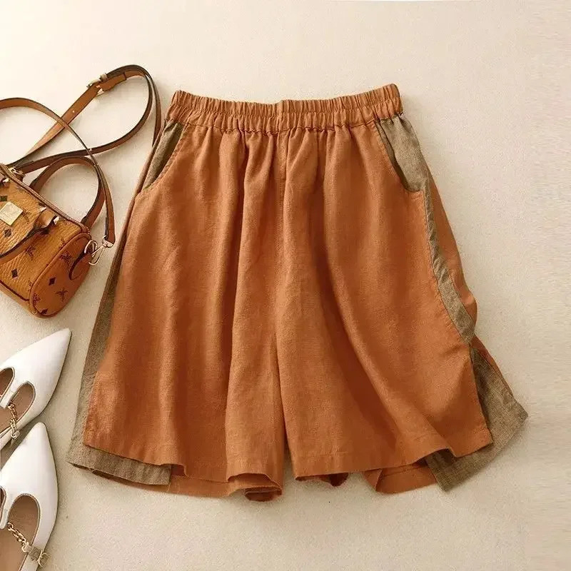 Orange linen solid casual elastic high waisted womens shorts loose wide leg womens clothing shorts 2025 summer fashion 250414Z