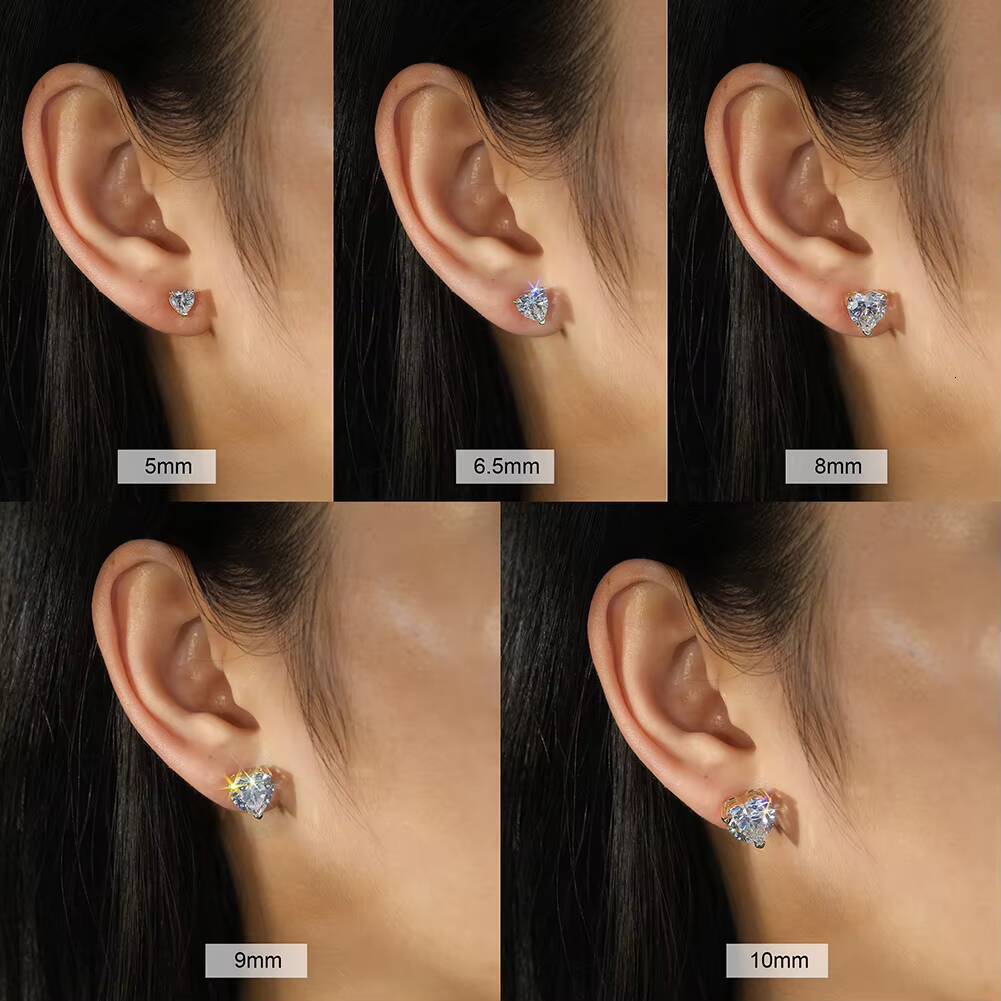 BSMOE07 RINNTIN Moissanite Heart Earring 925 Sterling Silver 5mm 65mm 8mm 9mm 10mm D Color VVS Moissanite Stud Earrings Jewelry