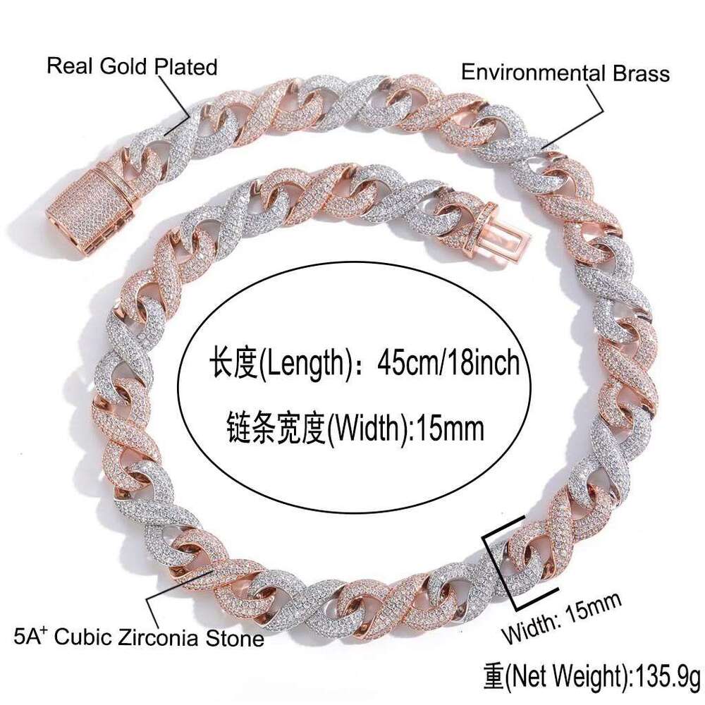 Luxury designer 15mm 8-figure Cuban Chain Rose Gold two-tone Hip Hop Ice Out VVS Moissanite Necklace Bracelet with free shipping
