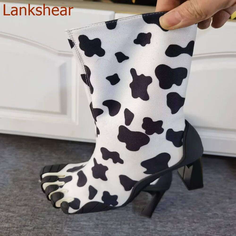Split Toe Boots Square Heel Modern Side Zipper Mixed Color Mid Calf Fashion Sexy Women Shoes 2024 New Arrivals