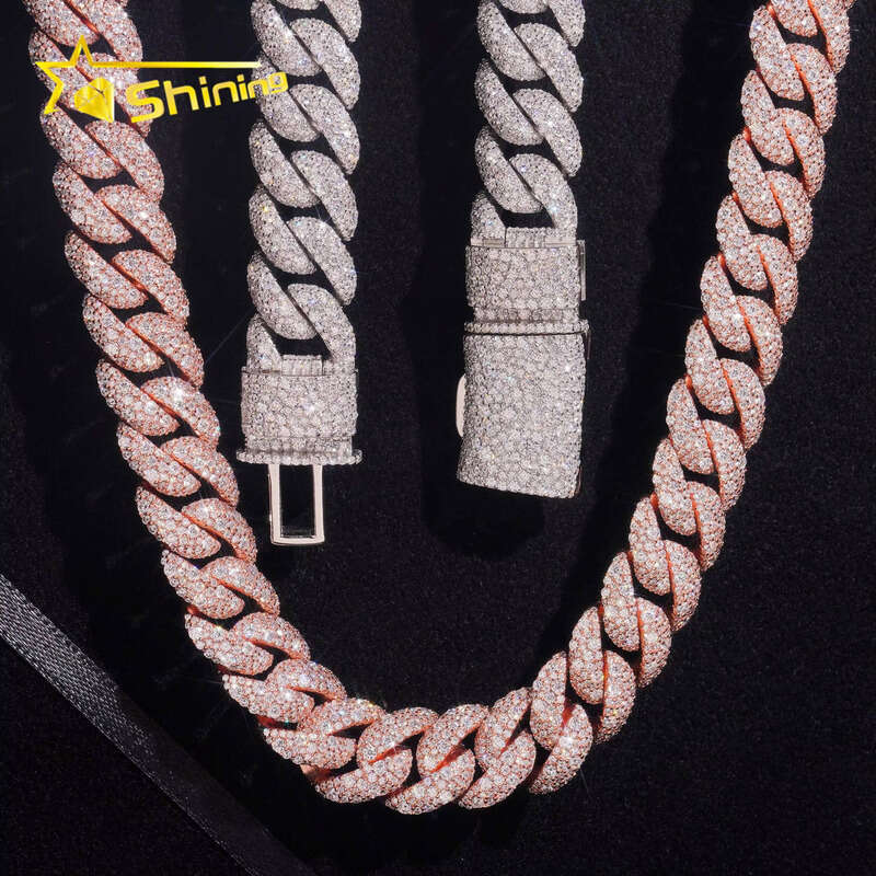 Hip Hop Accessories Men's 15mm Rose Gold Mosaic Set Silicon Stone Sier Cuban Chain
