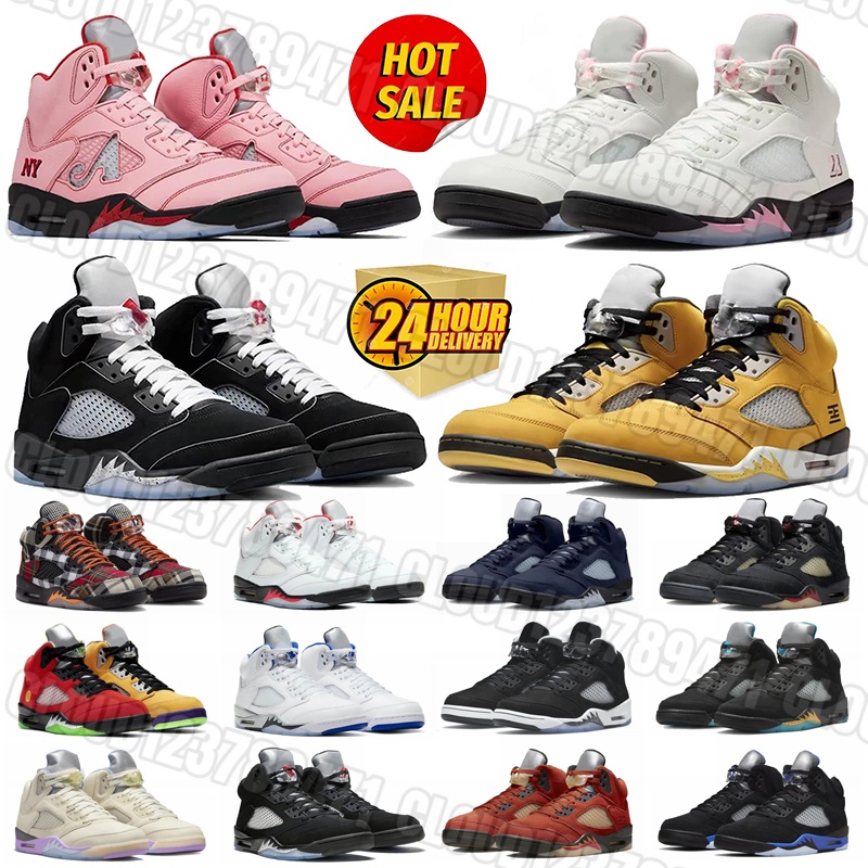 New 5 5s Designer Basketball Shoes Mens Sneakers Leather rubber pink yellow Fire Red Black Tongue Metallic Reimagined Outdoor Sports Trainers