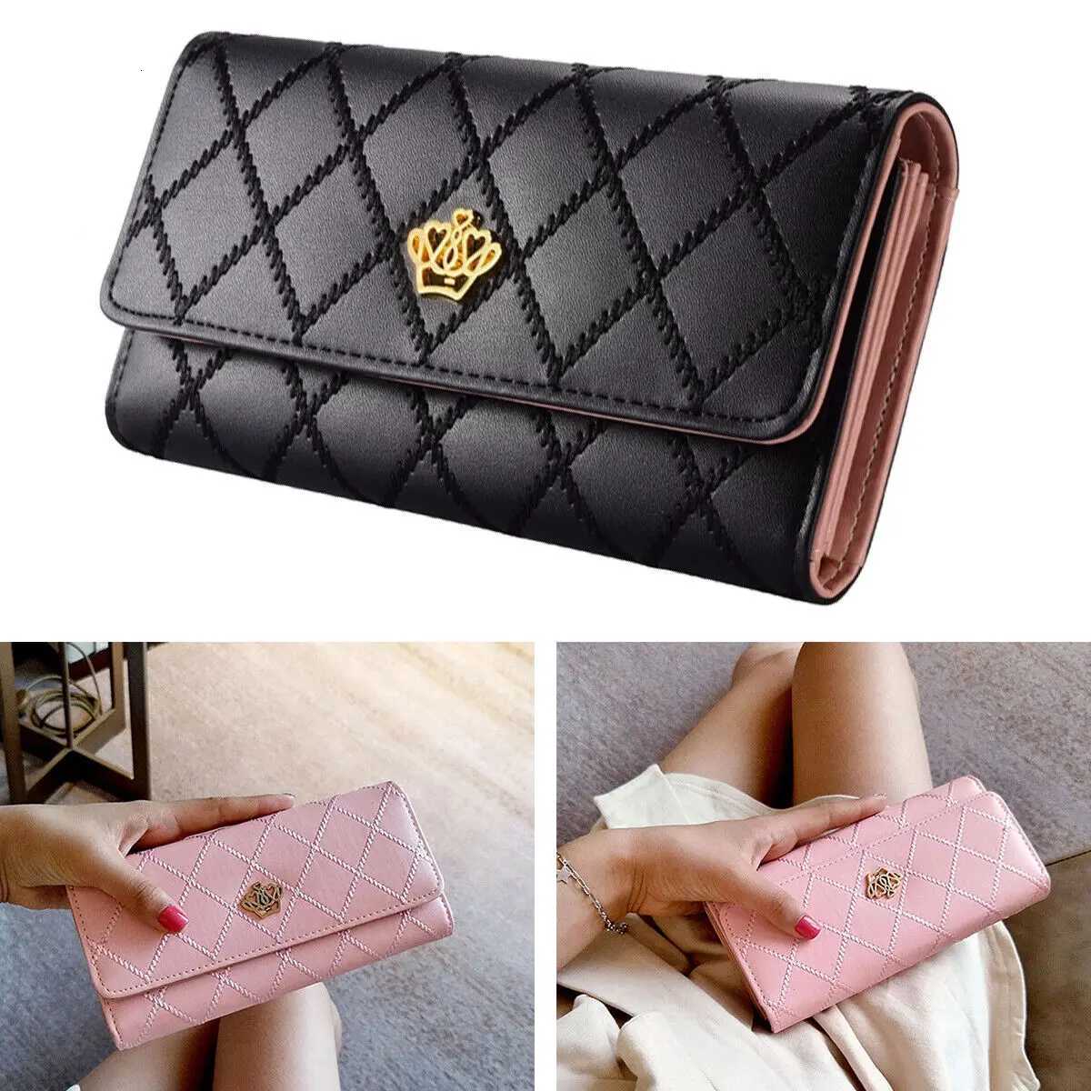 Women PU Leather Long Wallet Diamond Pattern Purse Large Capacity Card Holder Crown Buckle Ladies Phone Bag Girls GiftsW251120