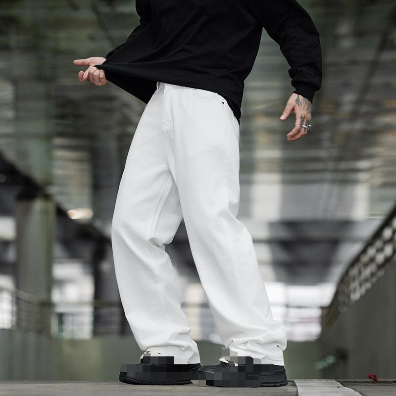 New autumn and winter style ultra-soft pure cotton white American trendy brand loose straight-leg wide-leg jeans with a drape---C033