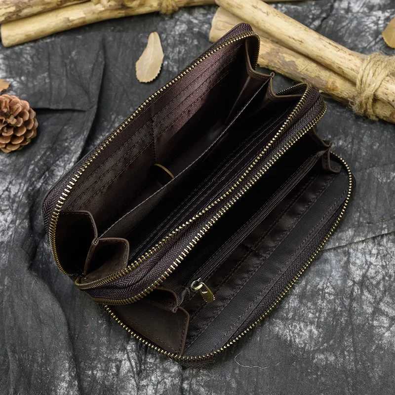 Retro Crazy Horse Leather Wallet Mens Clutch Wallet Double Zipper 24 Card Clutch Retro Womens Genuine Leather Long Wallet W250419