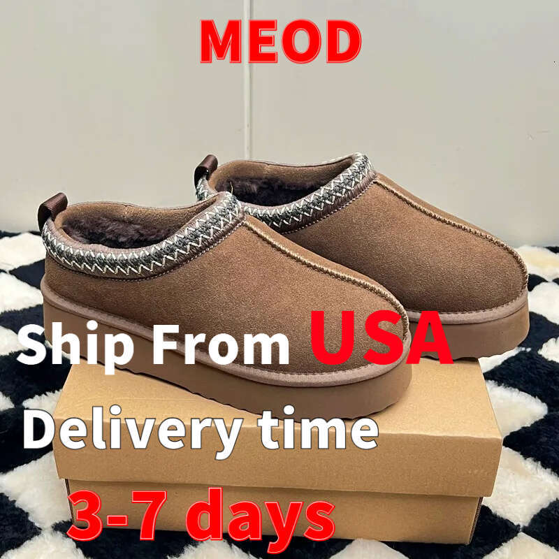 MEOD Slippers-Shoes Platform Snow Boots Designer Womens Tazz Scuffs Ultra Mini Chestnut Wool Slides Fluffy Real Leather Women Slider With Box