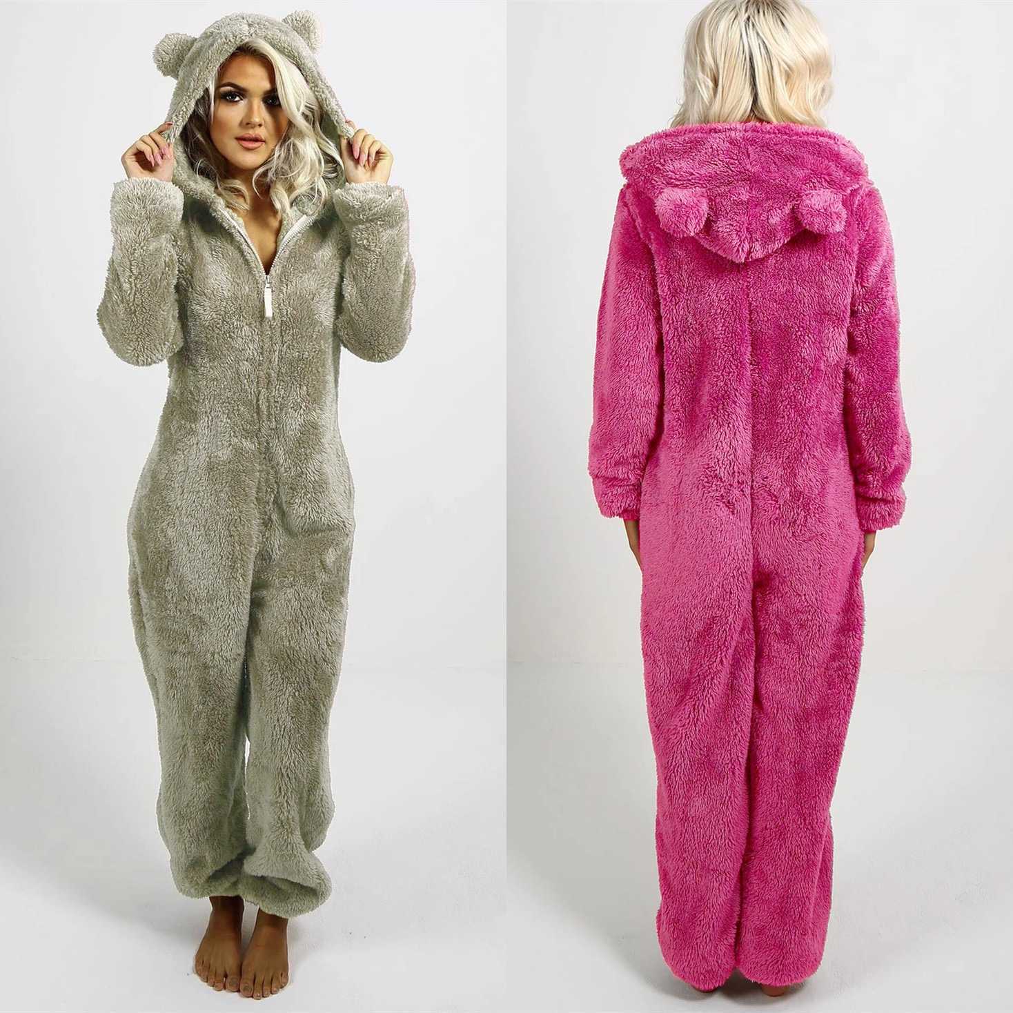 Winter Warm Sleepwear Home Clothes Cute Cat Ear Onesies Pyjamas Fluffy Fleece Hooded Jumpsuit Playsuit Pajama For Women Overalls Y250906