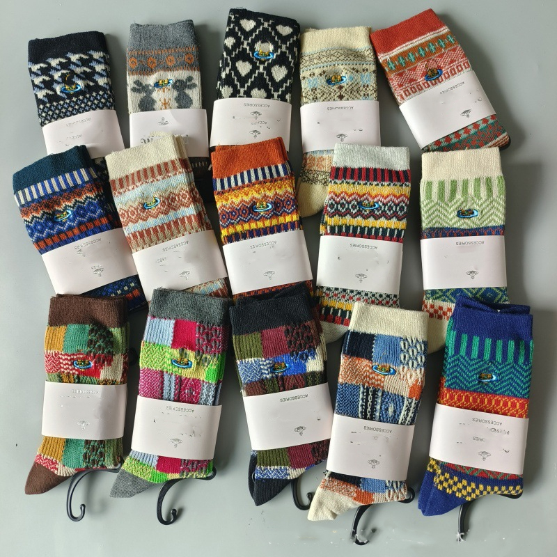 Saturn Embroidered Retro Double Needle Double Path Cotton Mixed Medium High Tube Knitted Checkered Stacked Socks